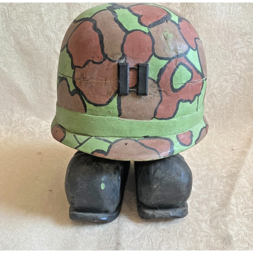 Vintage Wooden Military Helmet Soldier Statue Carved Wood Block Figure Decor